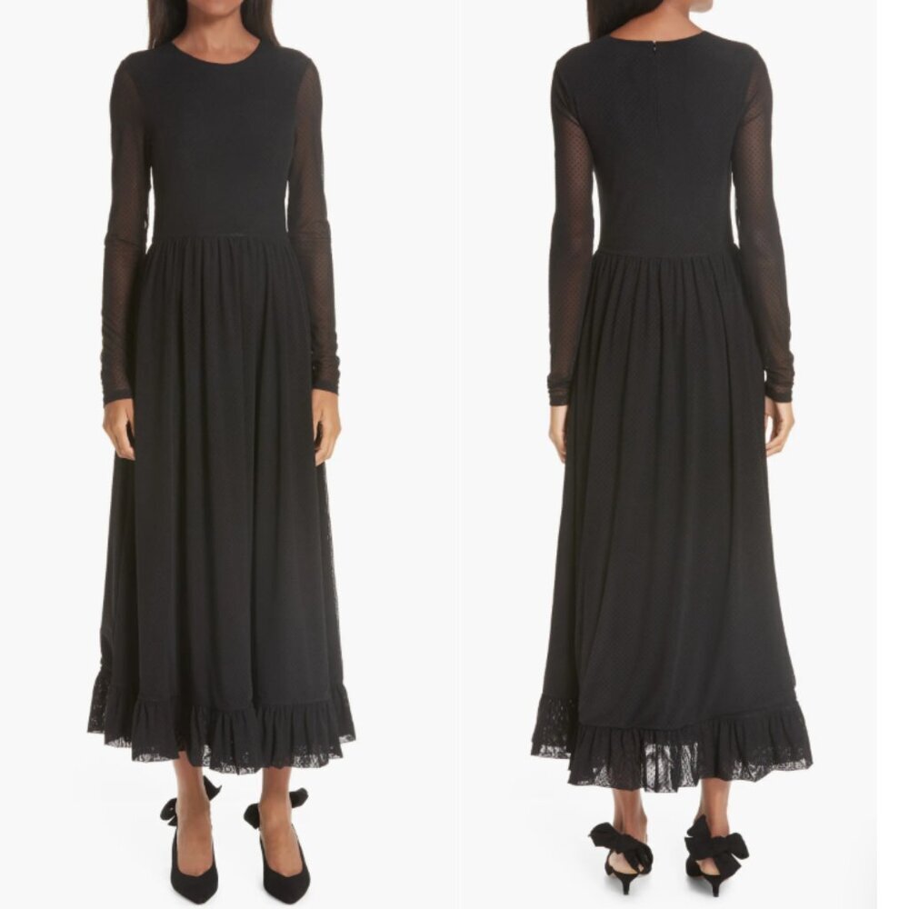 GANNI Addison Swiss Dot Black Mesh Maxi Dress Ruffle Hem, EU 36 US 4 Small - Picture 3 of 15